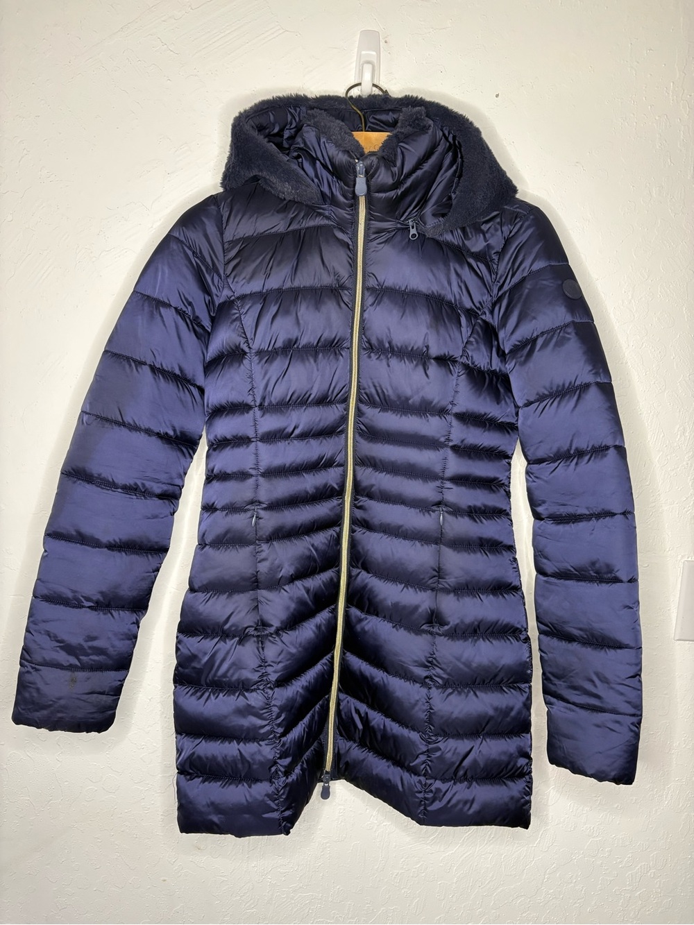 Save The Duck Women 1/S Puffer Jacket Navy Hooded Long Insulated Quilted Pockets